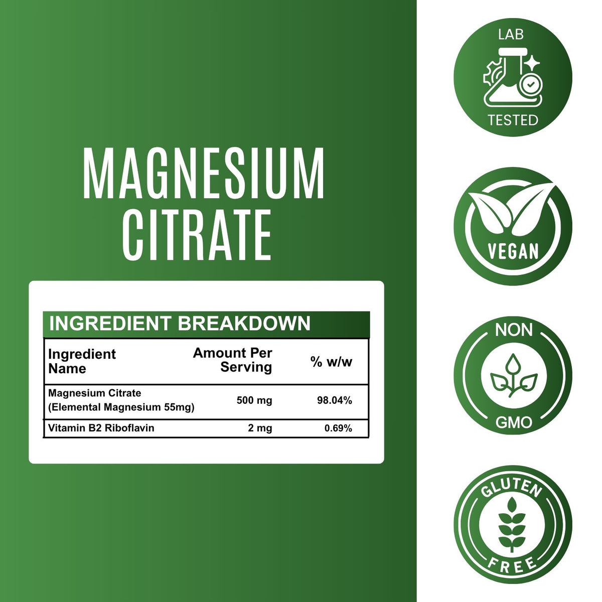 Magnesium Citrate Capsules 500 mg– Absorption & Digestive Support