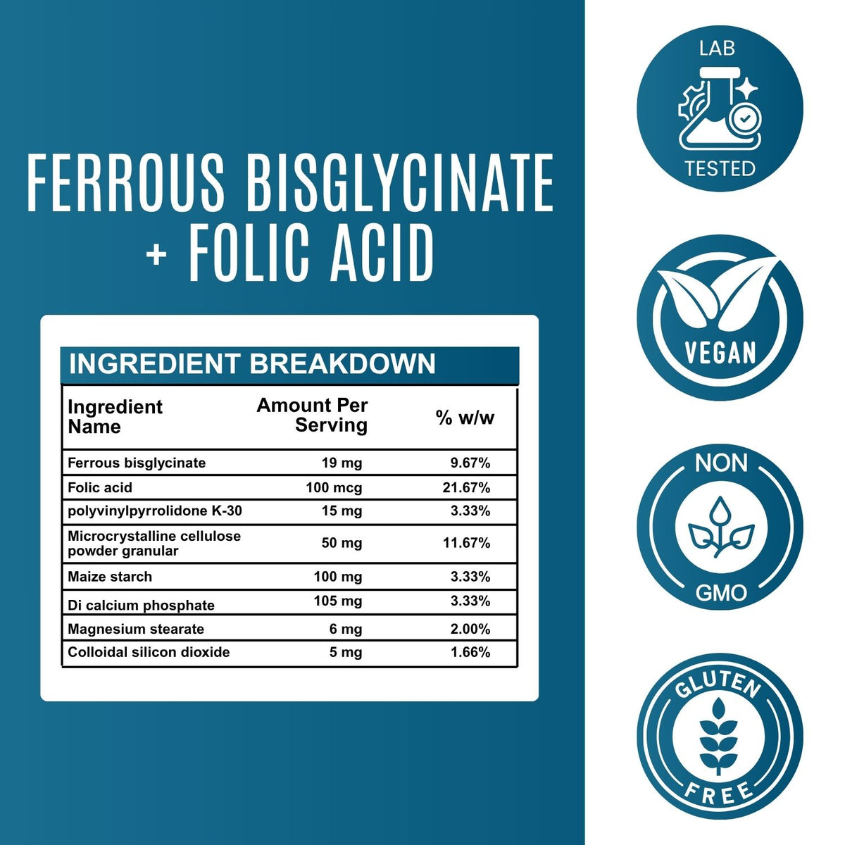 Ferrous bisglycinate + Folic acid Tablets - 300mg Supplement