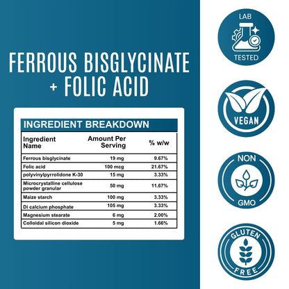 Ferrous bisglycinate + Folic acid Tablets - 300mg Supplement