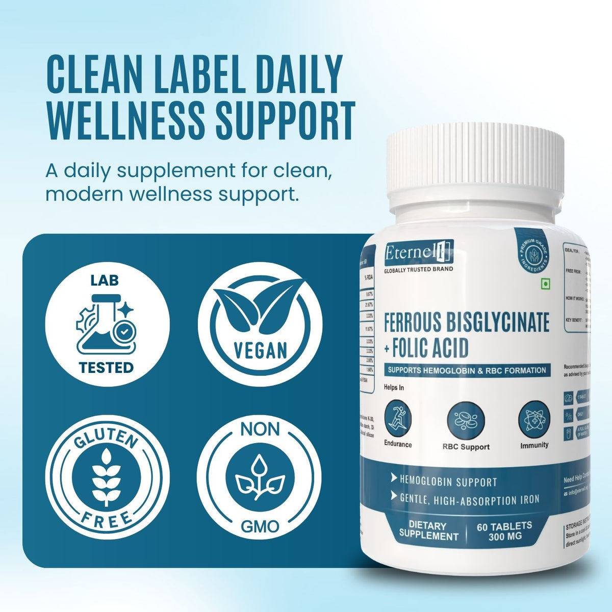 Ferrous bisglycinate + Folic acid Tablets - 300mg Supplement