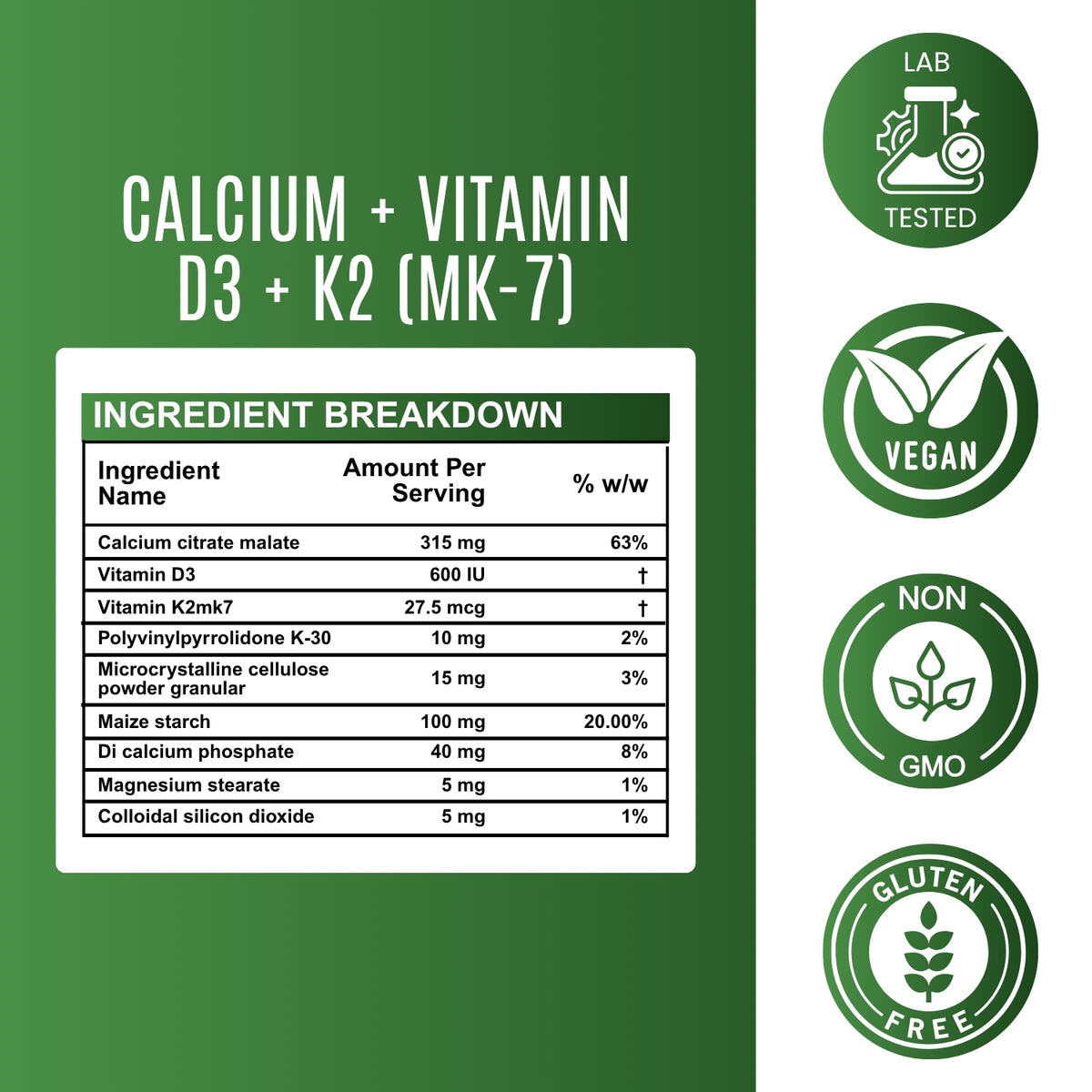 Calcium + Vitamin D3 K2 MK-7 Tablet – 500 mg