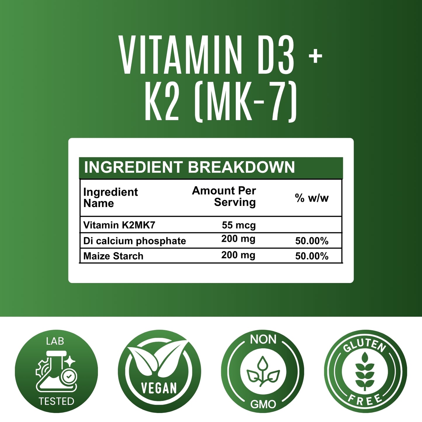 Calcium + Vitamin D3 K2 MK-7 Tablet – 500 mg