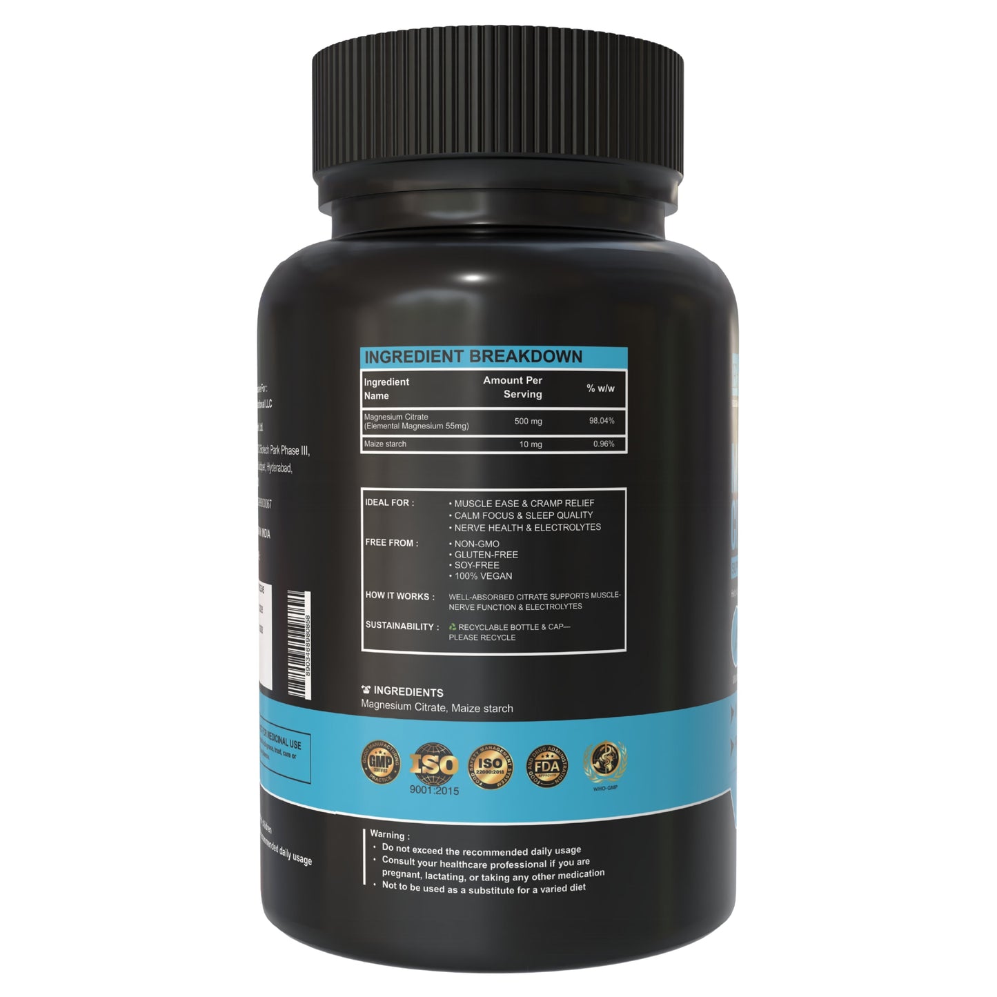 Magnesium Citrate Capsules 500 mg– Absorption & Digestive Support