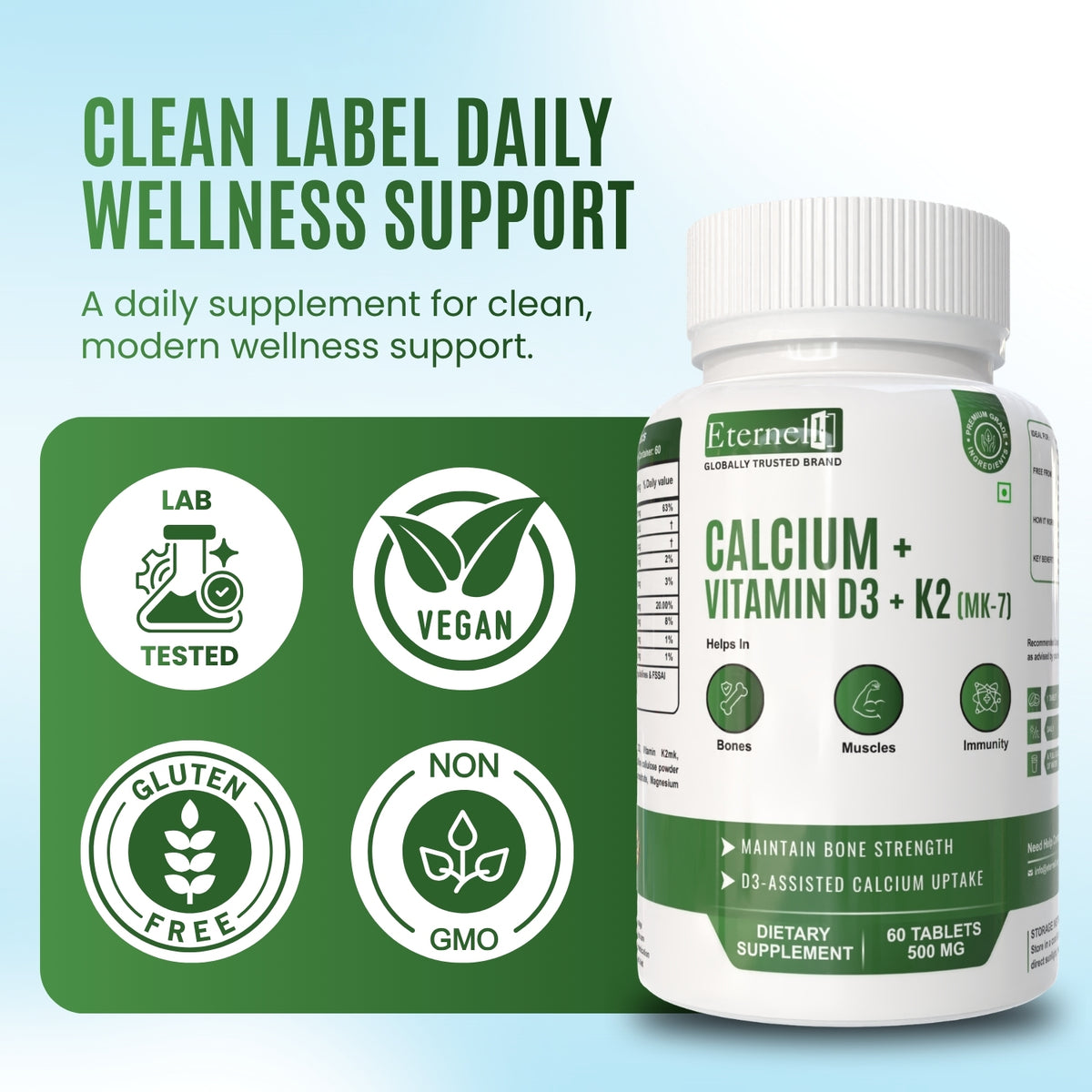 Calcium + Vitamin D3 K2 MK-7 Tablet – 500 mg